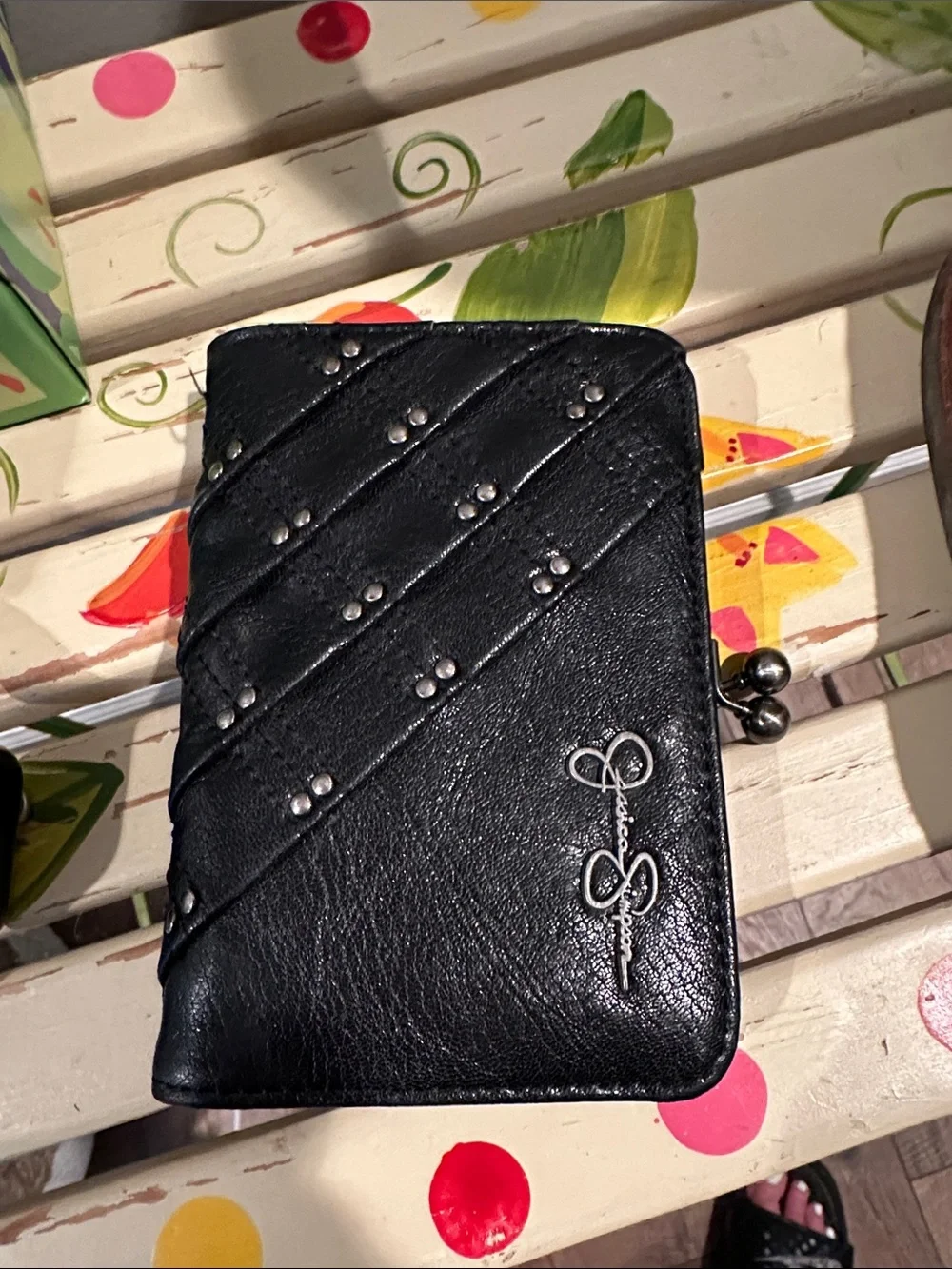 Jessica Simpson Black Quilted Studded Coin Purse Wallet with Kiss Lock